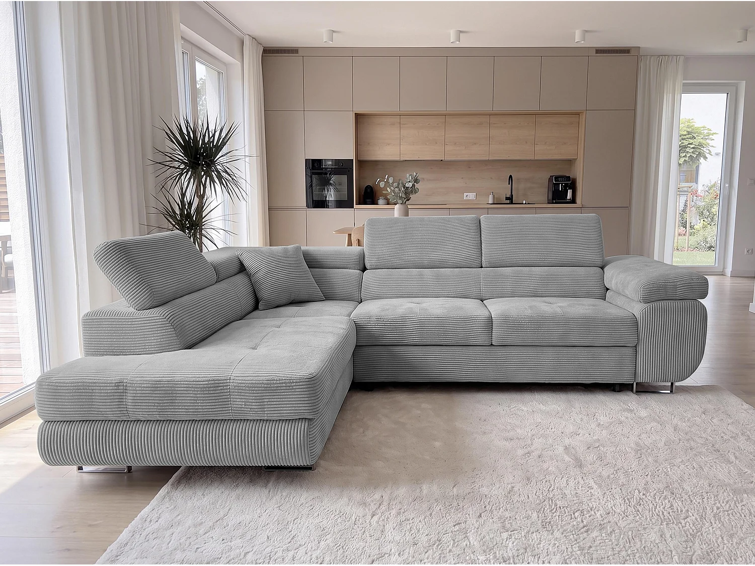 AX LIVING Konak Canapé d’angle convertible gauche en velours côtelé gris clair, 276 cm, coffre de rangement et têtières