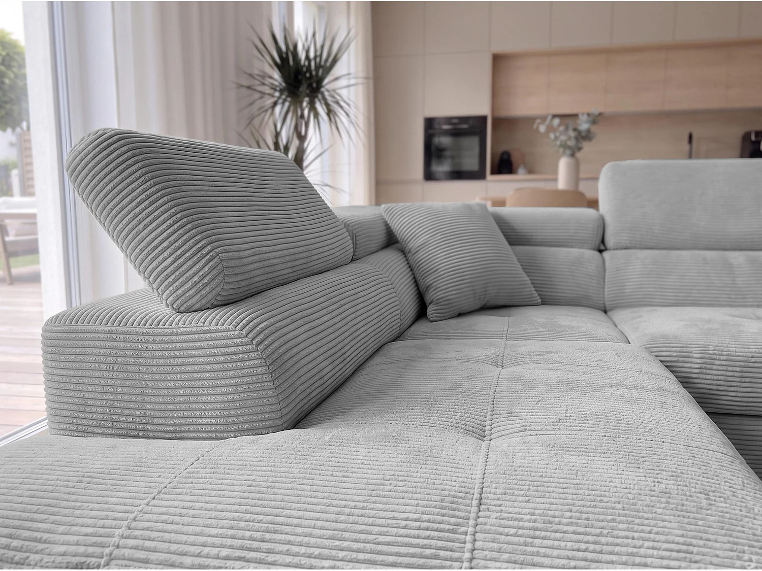 AX LIVING Konak Canapé d’angle convertible gauche en velours côtelé gris clair, 276 cm, coffre de rangement et têtières