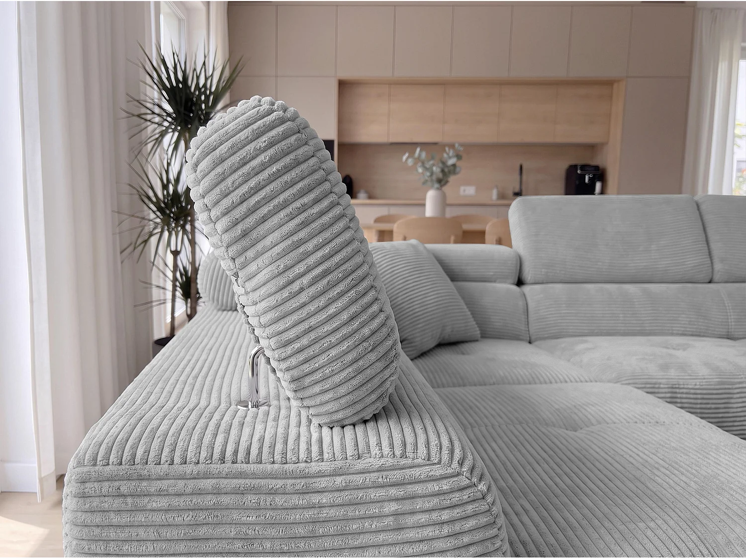 AX LIVING Konak Canapé d’angle convertible gauche en velours côtelé gris clair, 276 cm, coffre de rangement et têtières