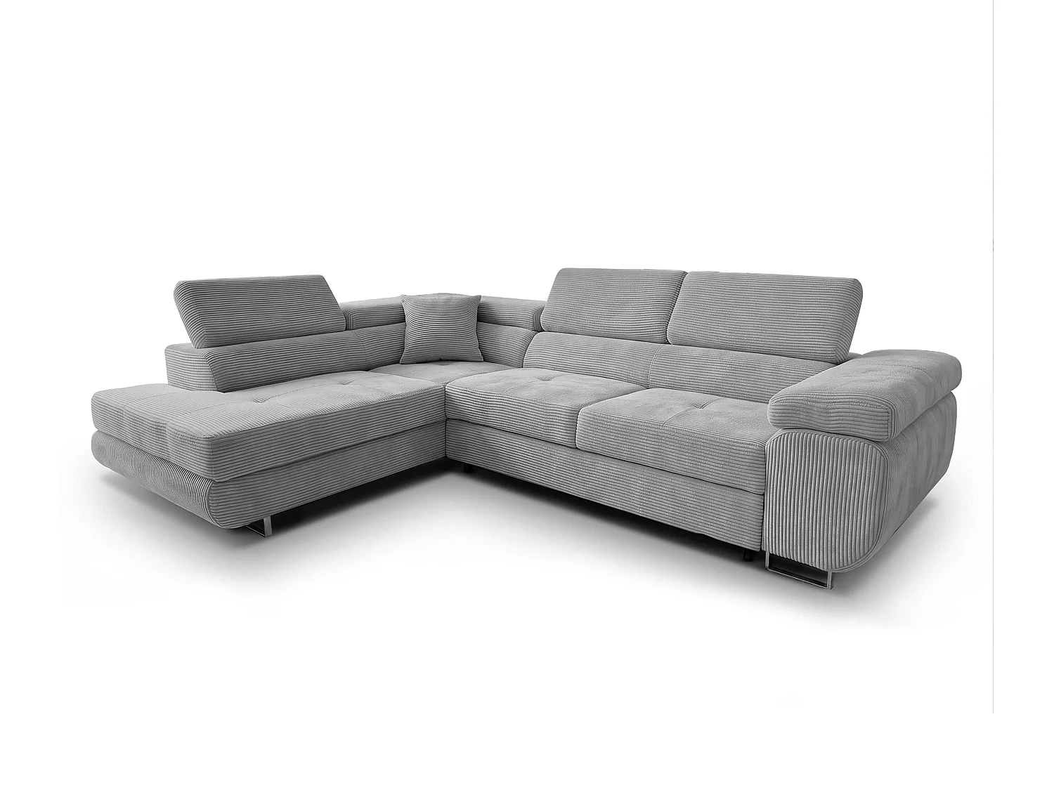 AX LIVING Konak Canapé d’angle convertible gauche en velours côtelé gris clair, 276 cm, coffre de rangement et têtières