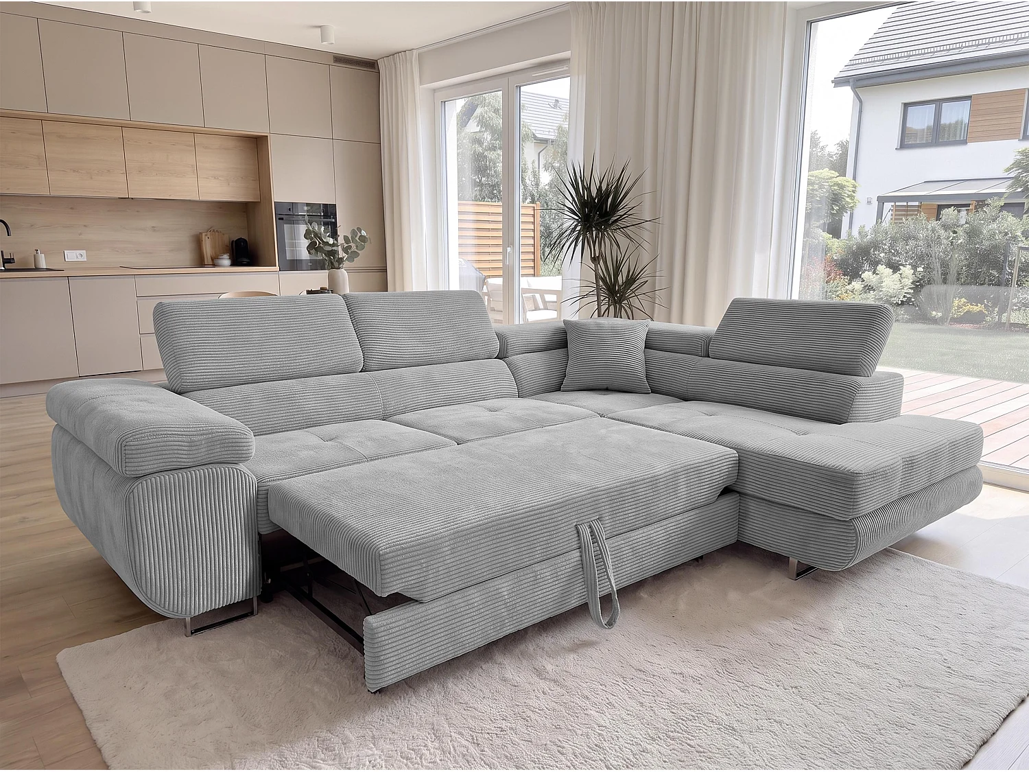 AX LIVING Konak Canapé d’angle convertible droit en velours côtelé gris clair, 276 cm, coffre de rangement et têtières