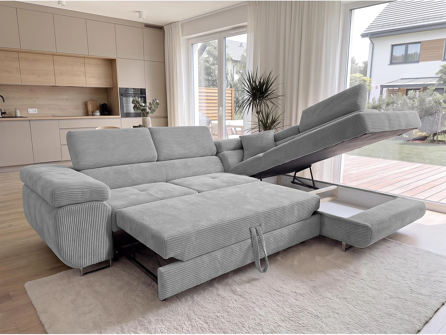 AX LIVING Konak Canapé d’angle convertible droit en velours côtelé gris clair, 276 cm, coffre de rangement et têtières