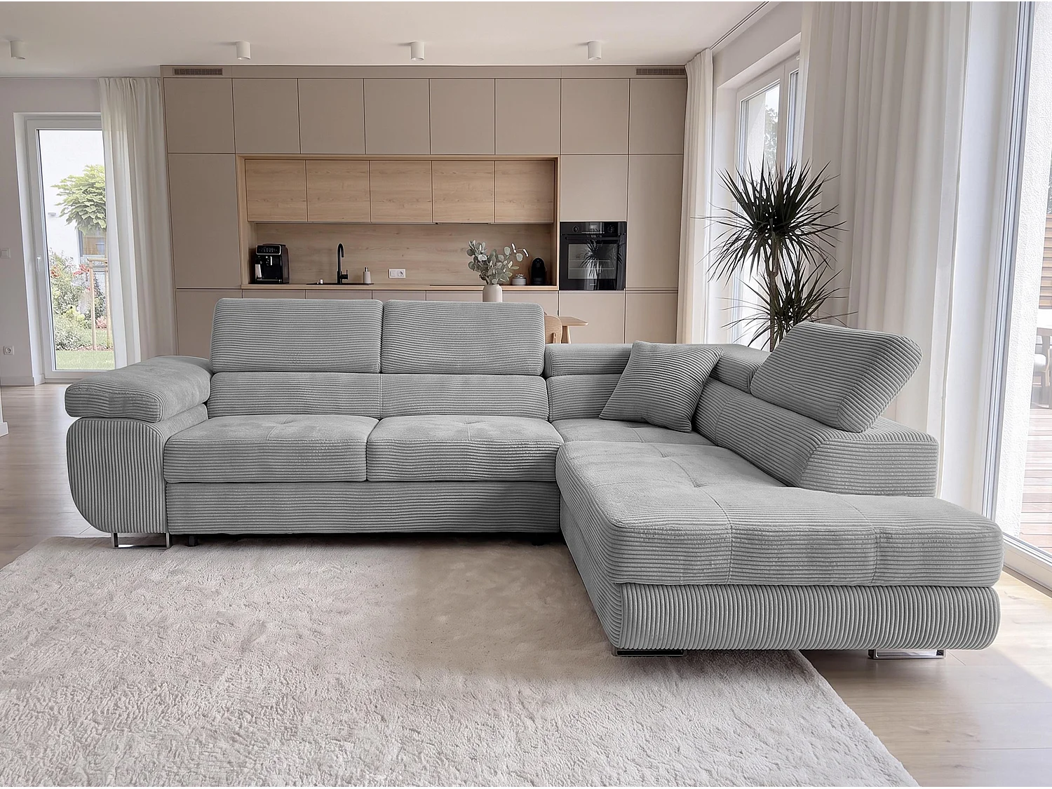 AX LIVING Konak Canapé d’angle convertible droit en velours côtelé gris clair, 276 cm, coffre de rangement et têtières