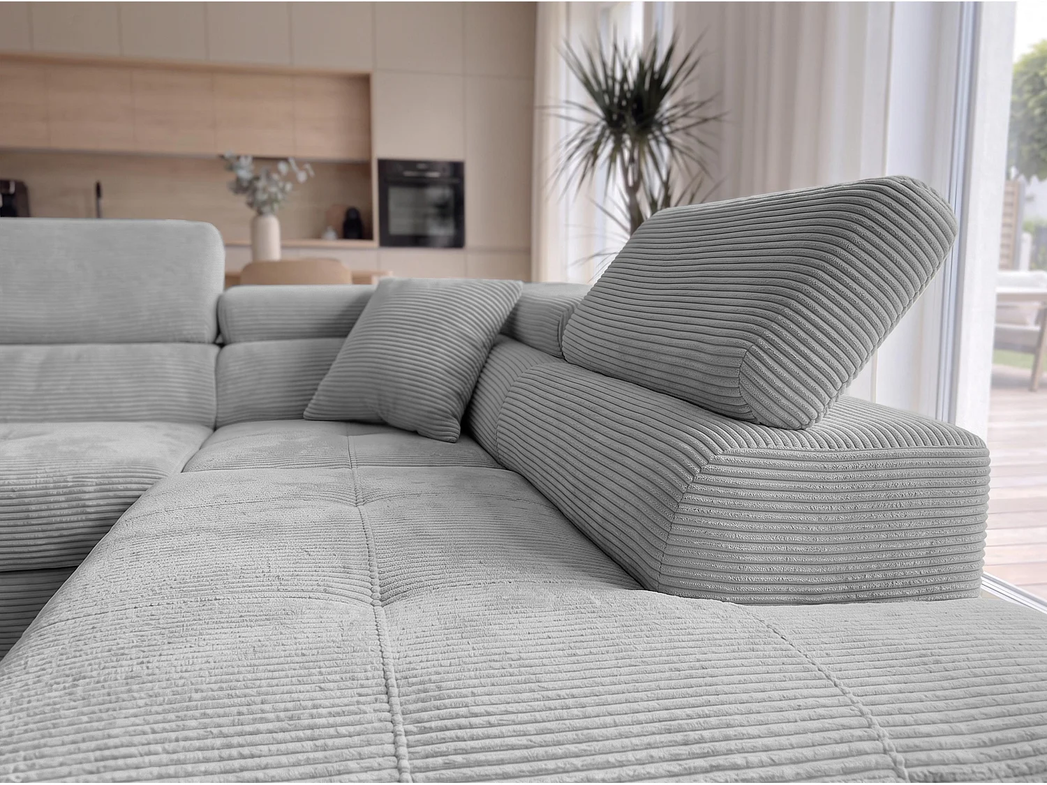 AX LIVING Konak Canapé d’angle convertible droit en velours côtelé gris clair, 276 cm, coffre de rangement et têtières