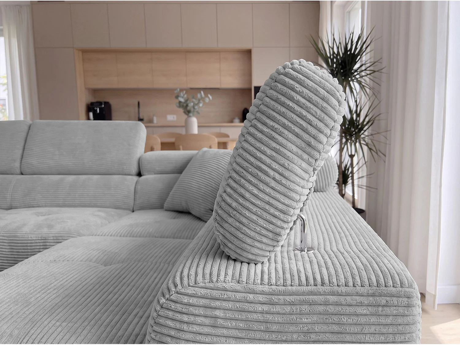 AX LIVING Konak Canapé d’angle convertible droit en velours côtelé gris clair, 276 cm, coffre de rangement et têtières