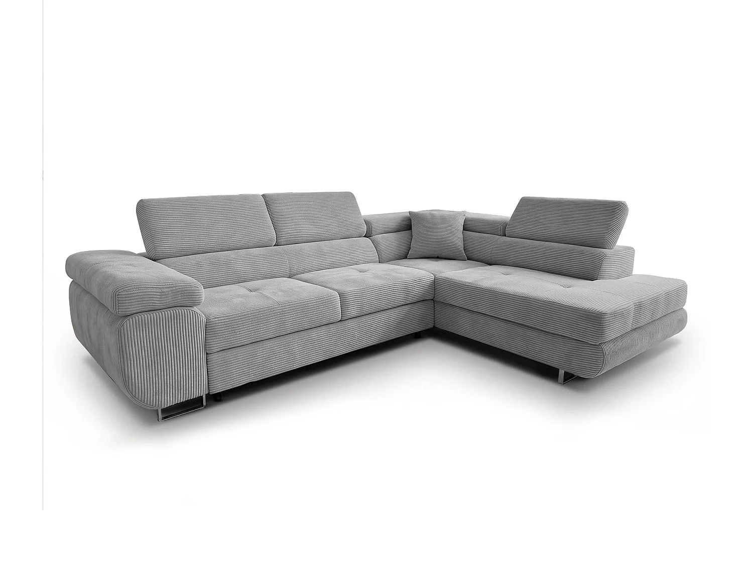 AX LIVING Konak Canapé d’angle convertible droit en velours côtelé gris clair, 276 cm, coffre de rangement et têtières