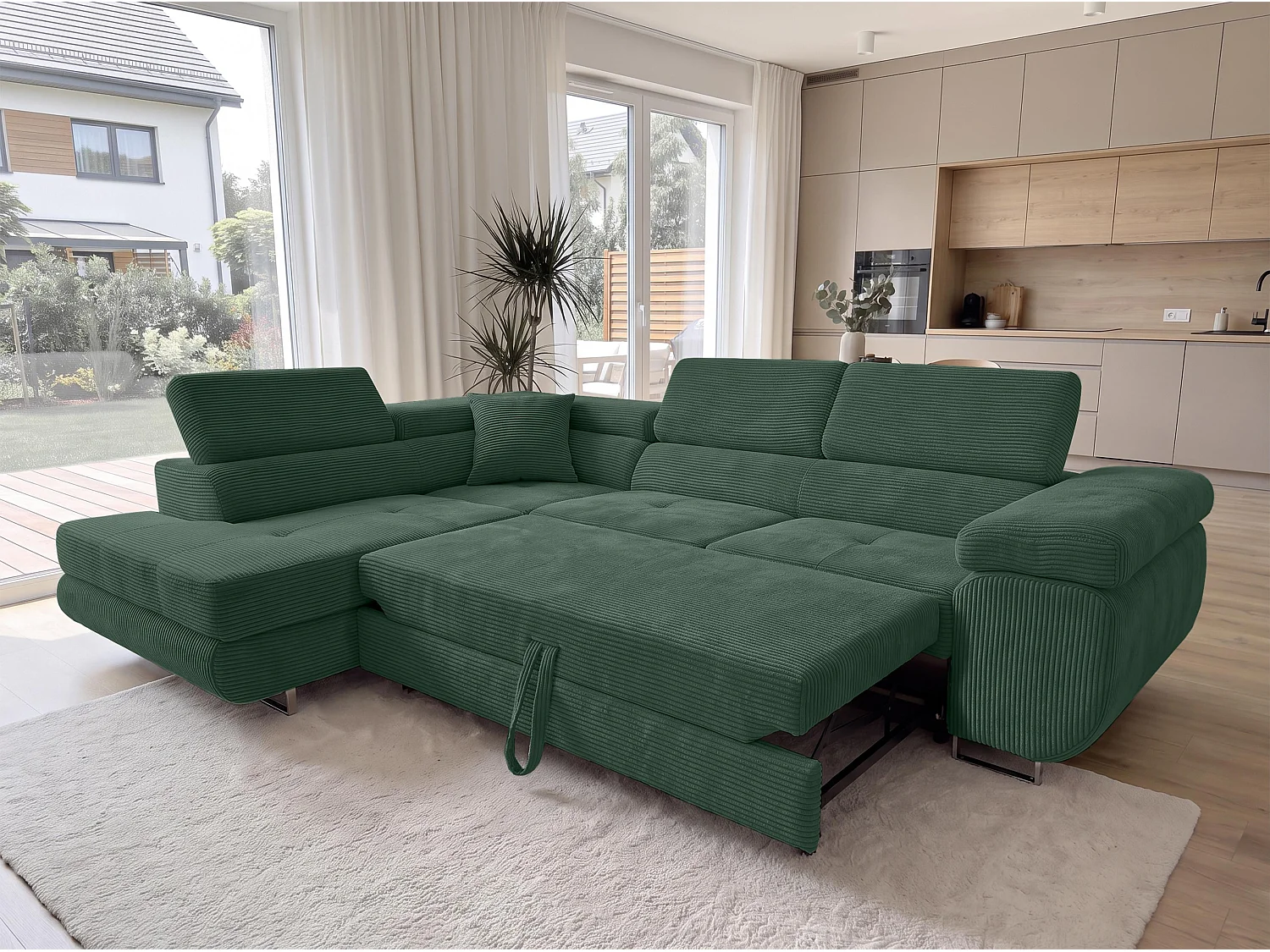 AX LIVING Konak Canapé d’angle convertible gauche en velours côtelé vert bouteille, 276 cm, coffre de rangement et têtières