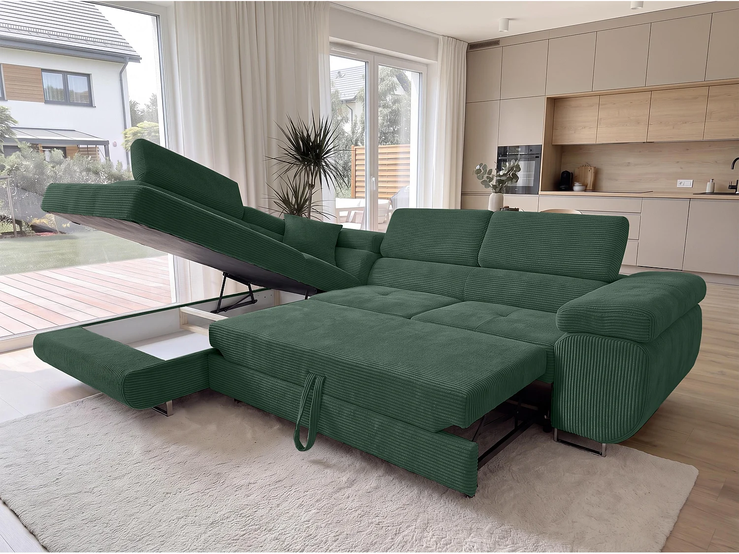 AX LIVING Konak Canapé d’angle convertible gauche en velours côtelé vert bouteille, 276 cm, coffre de rangement et têtières