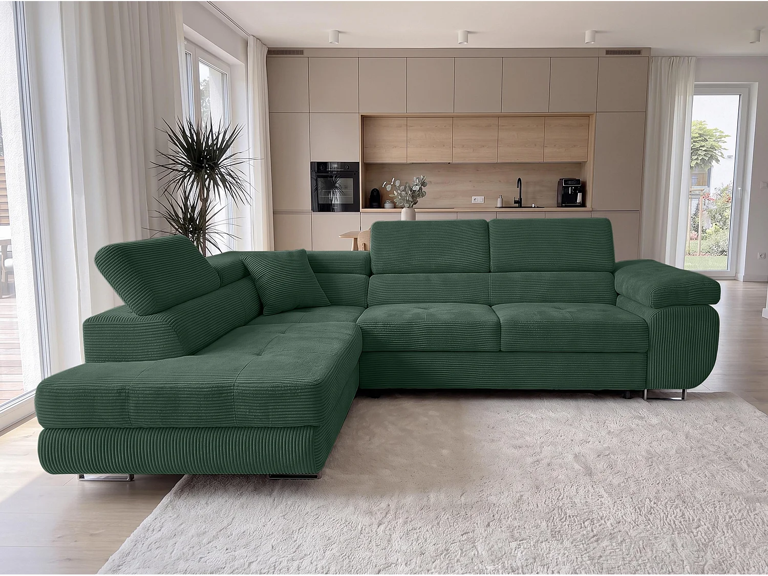 AX LIVING Konak Canapé d’angle convertible gauche en velours côtelé vert bouteille, 276 cm, coffre de rangement et têtières