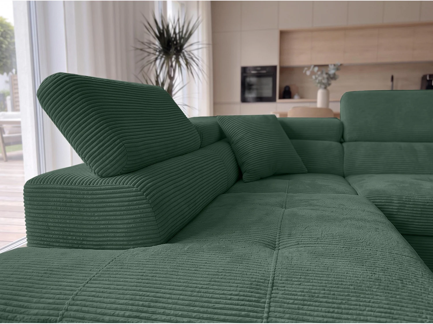 AX LIVING Konak Canapé d’angle convertible gauche en velours côtelé vert bouteille, 276 cm, coffre de rangement et têtières