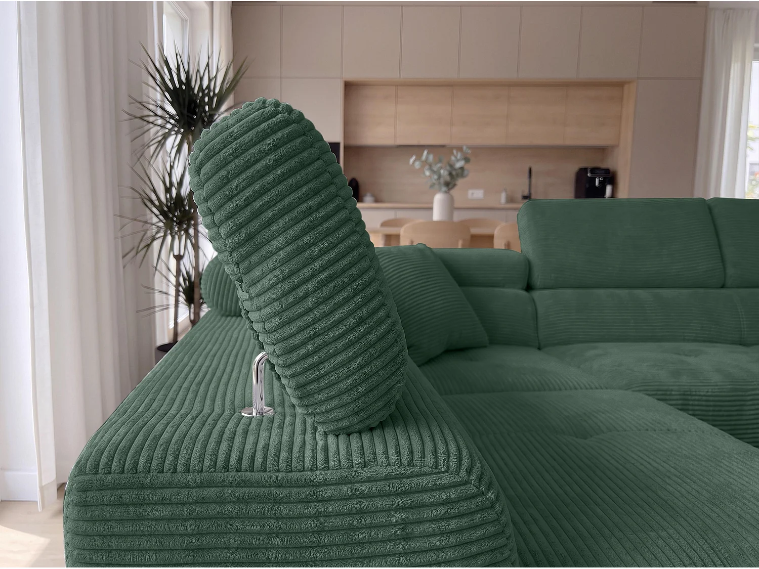 AX LIVING Konak Canapé d’angle convertible gauche en velours côtelé vert bouteille, 276 cm, coffre de rangement et têtières