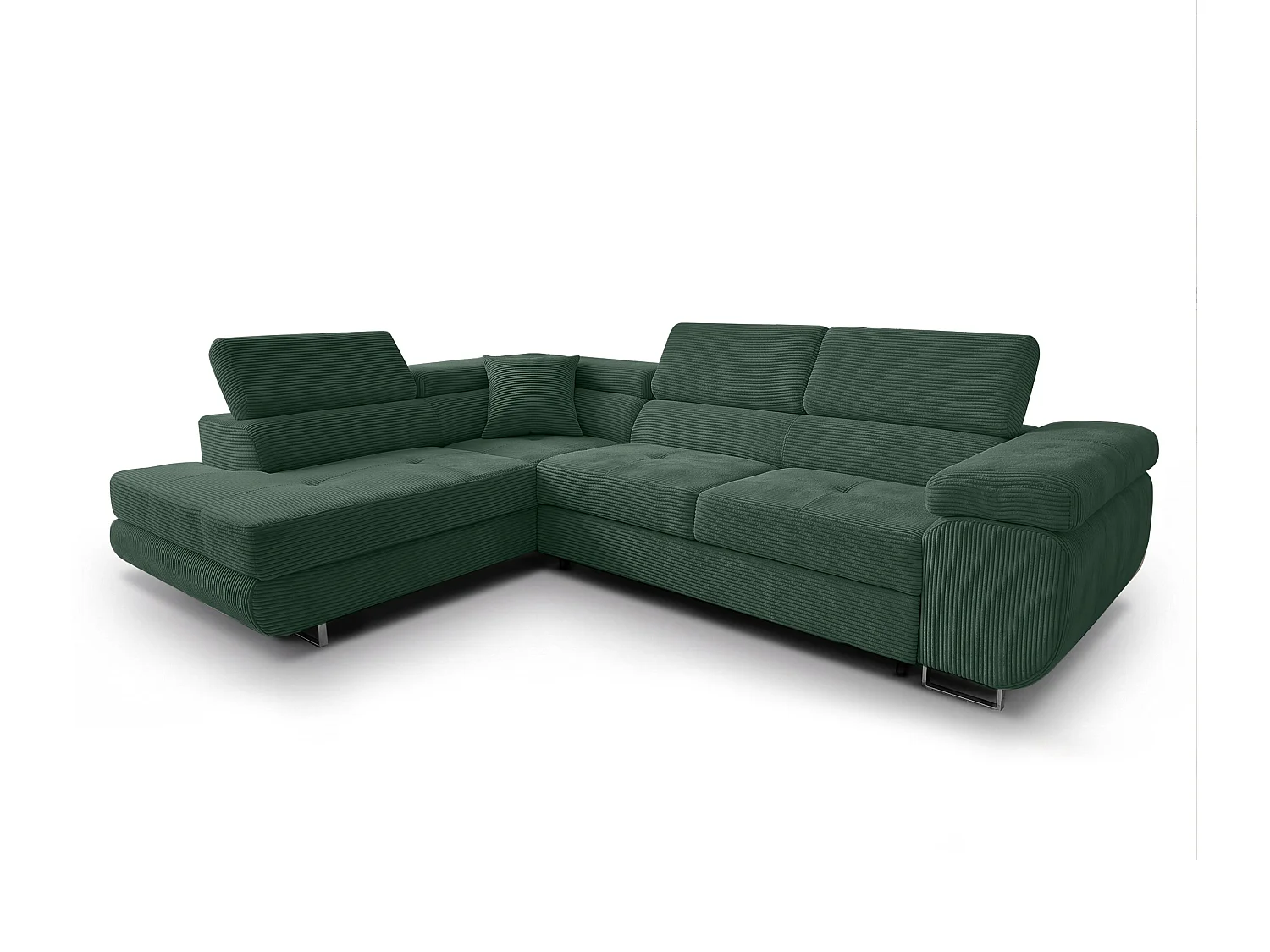 AX LIVING Konak Canapé d’angle convertible gauche en velours côtelé vert bouteille, 276 cm, coffre de rangement et têtières