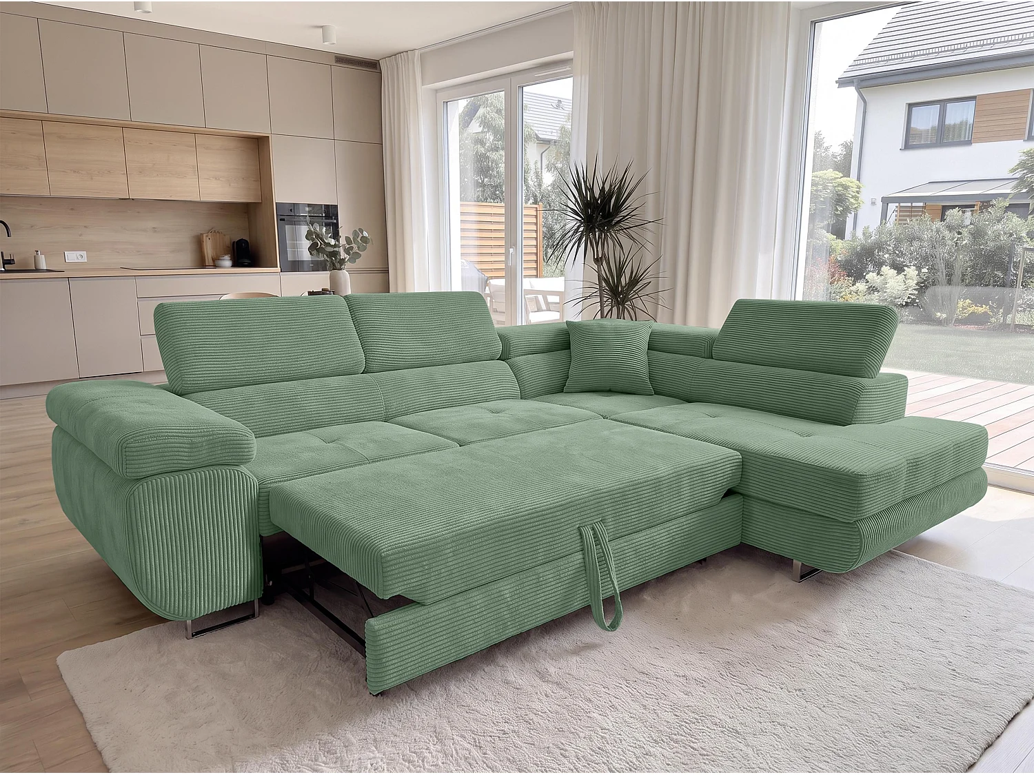 AX LIVING Konak hoekbank met slaapfunctie rechts van ribfluweel in saliegroen, 276 cm breed, slaapfunctie en opbergruimte