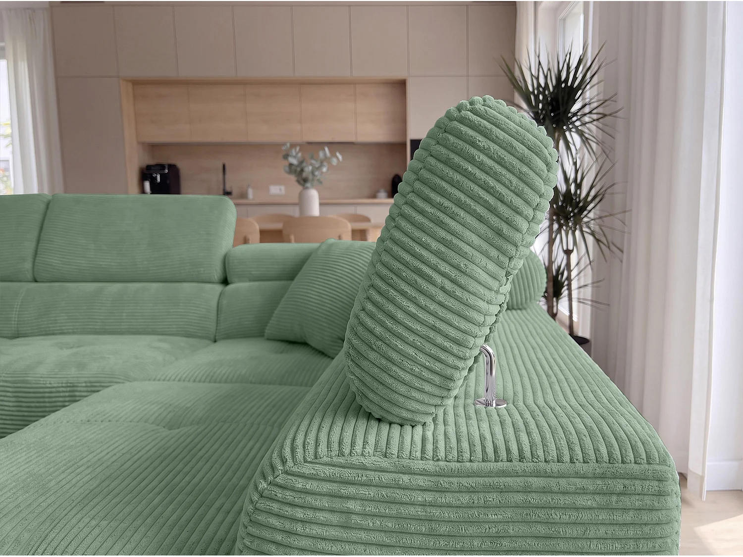 AX LIVING Konak hoekbank met slaapfunctie rechts van ribfluweel in saliegroen, 276 cm breed, slaapfunctie en opbergruimte