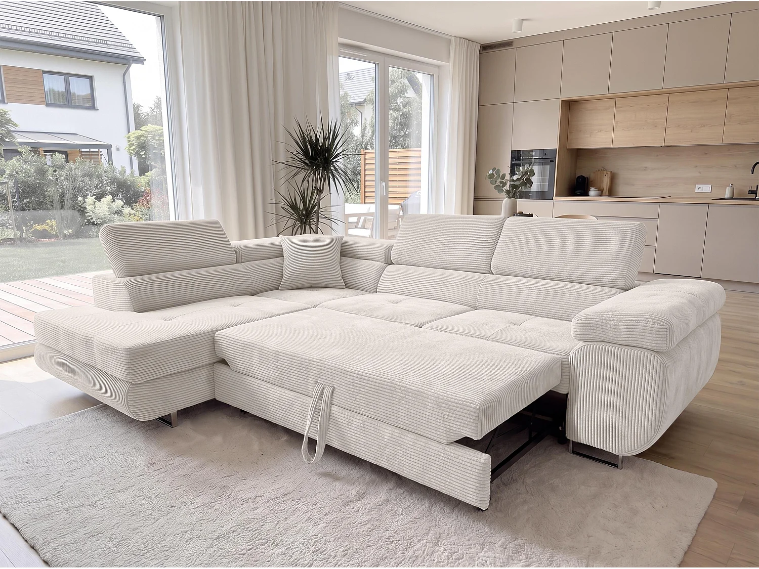 AX LIVING Konak Canapé d’angle convertible gauche en velours côtelé blanc crème, 276 cm, coffre de rangement et têtières
