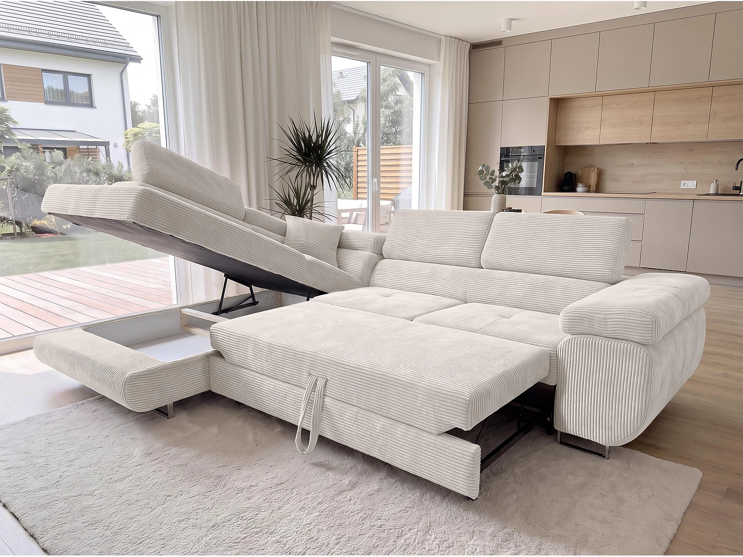 AX LIVING Konak Canapé d’angle convertible gauche en velours côtelé blanc crème, 276 cm, coffre de rangement et têtières