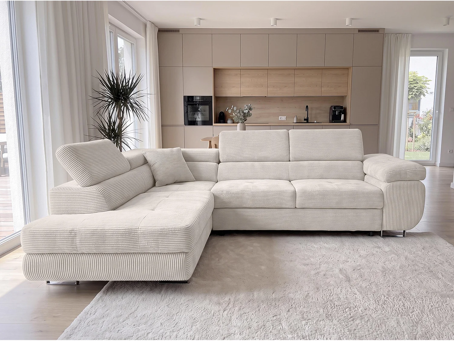 AX LIVING Konak Canapé d’angle convertible gauche en velours côtelé blanc crème, 276 cm, coffre de rangement et têtières