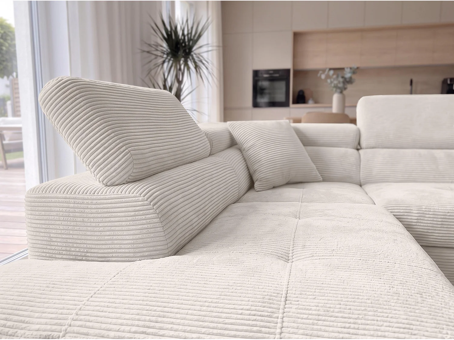 AX LIVING Konak Canapé d’angle convertible gauche en velours côtelé blanc crème, 276 cm, coffre de rangement et têtières