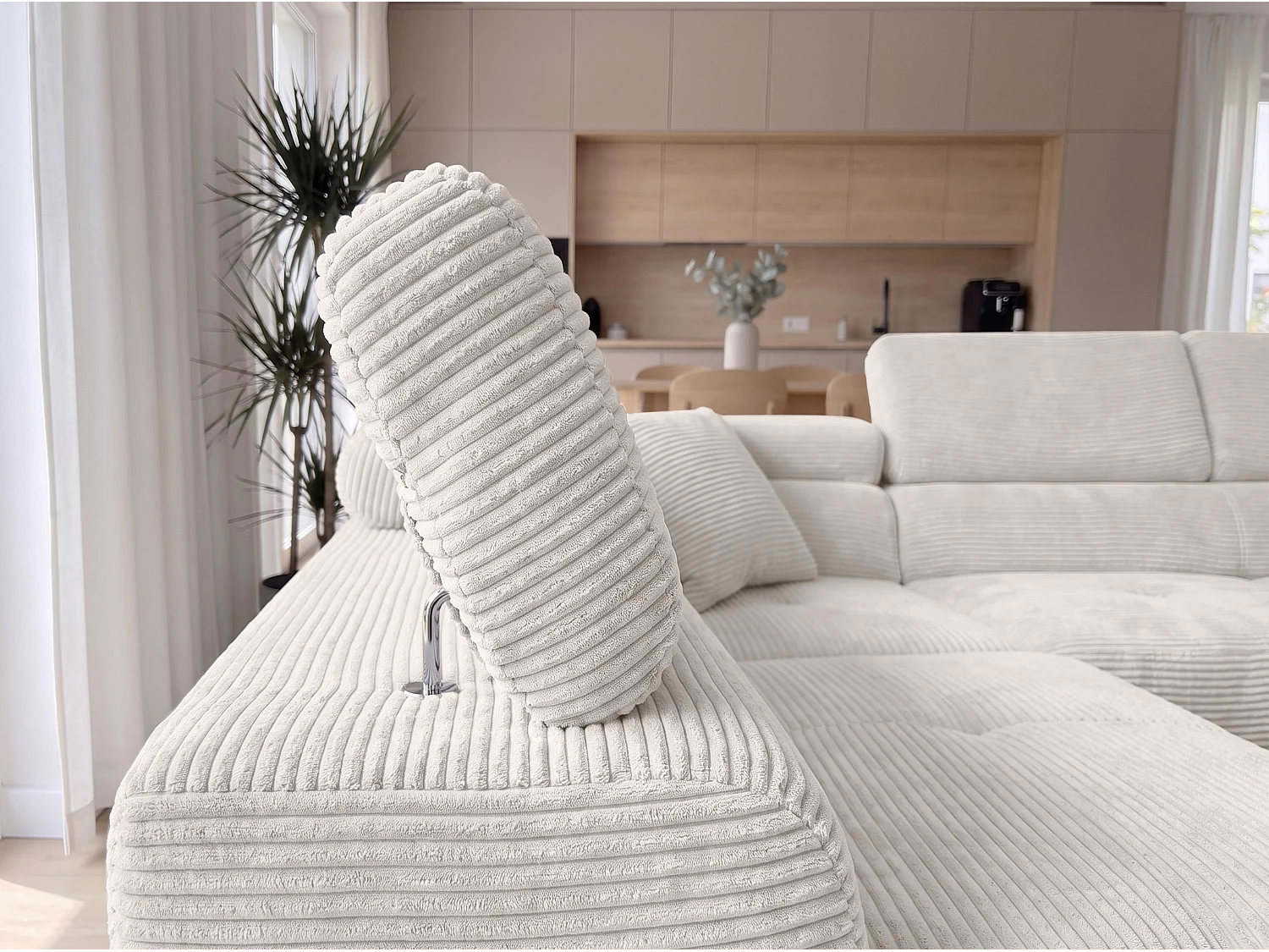 AX LIVING Konak Canapé d’angle convertible gauche en velours côtelé blanc crème, 276 cm, coffre de rangement et têtières