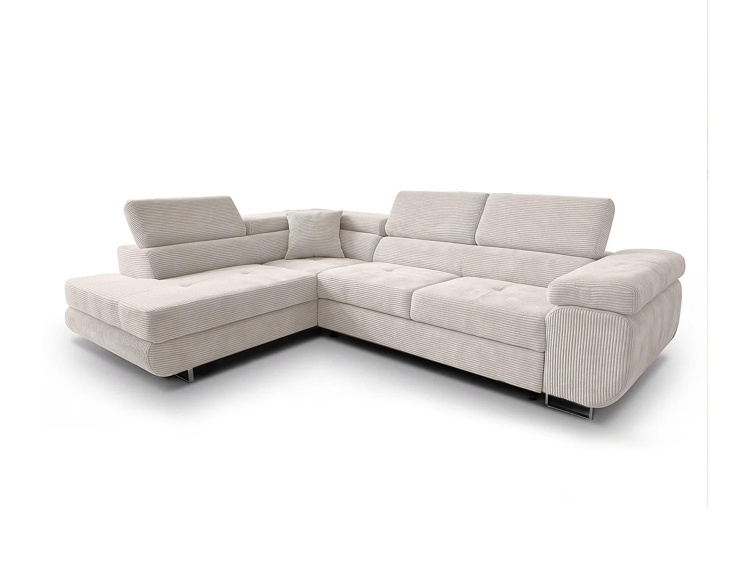 AX LIVING Konak Canapé d’angle convertible gauche en velours côtelé blanc crème, 276 cm, coffre de rangement et têtières