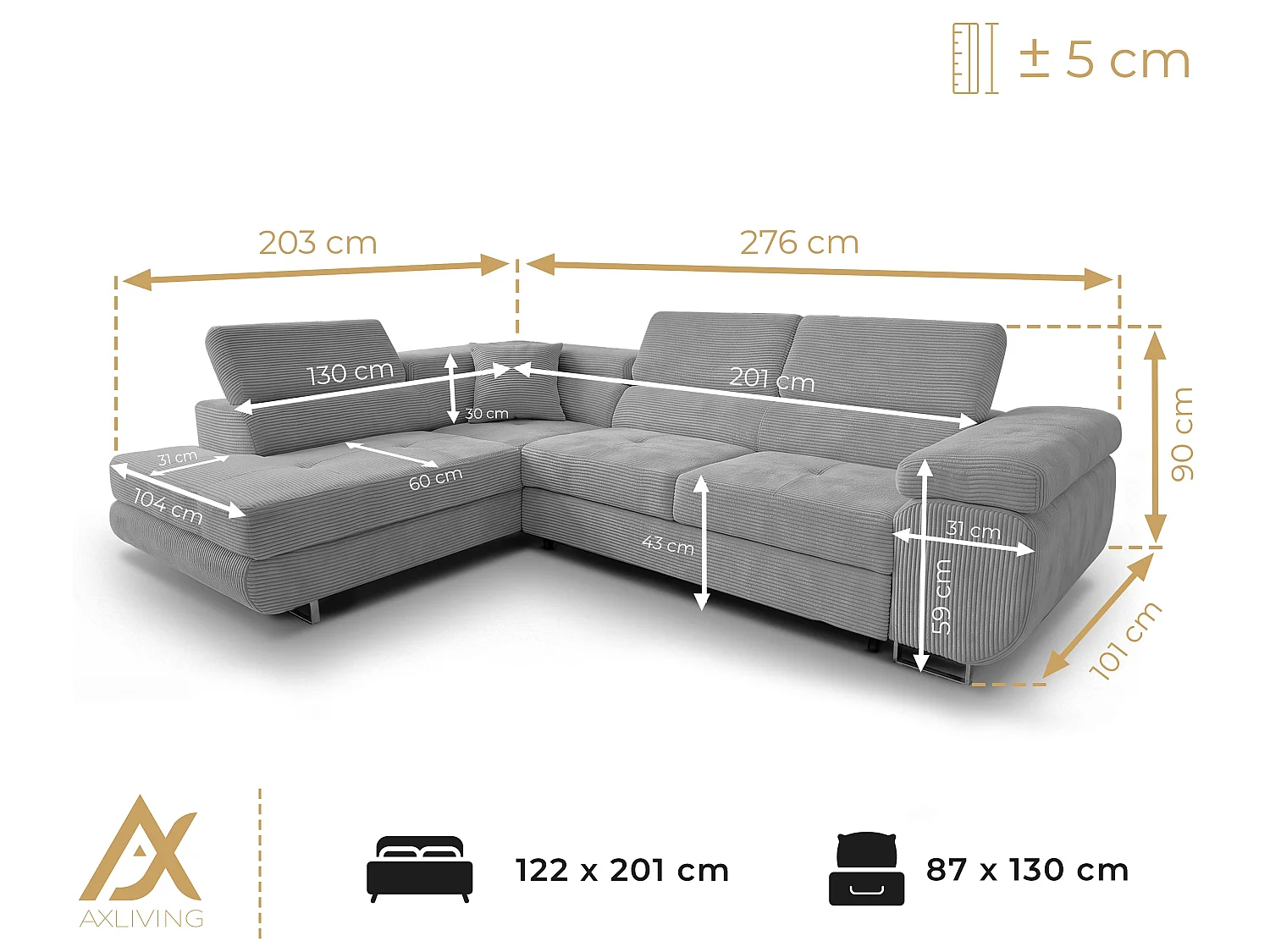 AX LIVING Konak Canapé d’angle convertible gauche en velours côtelé blanc crème, 276 cm, coffre de rangement et têtières