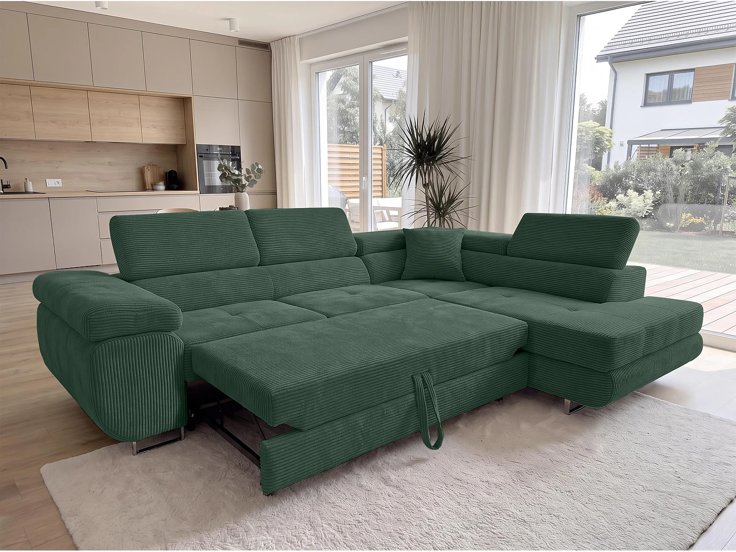 AX LIVING Konak hoekbank met slaapfunctie rechts van ribfluweel in flessengroen, 276 cm breed, opbergruimte en hoofdsteunen