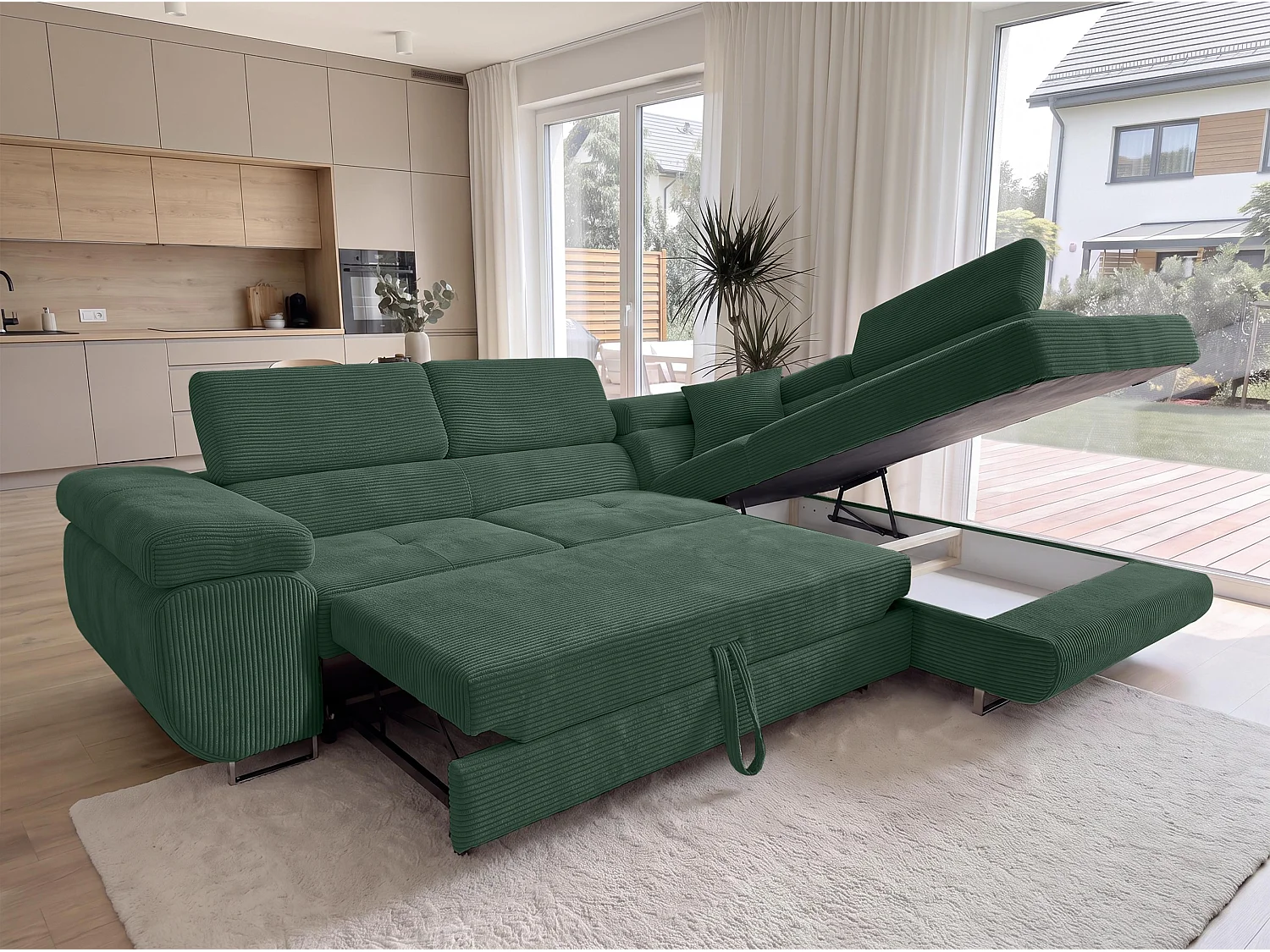 AX LIVING Konak hoekbank met slaapfunctie rechts van ribfluweel in flessengroen, 276 cm breed, opbergruimte en hoofdsteunen