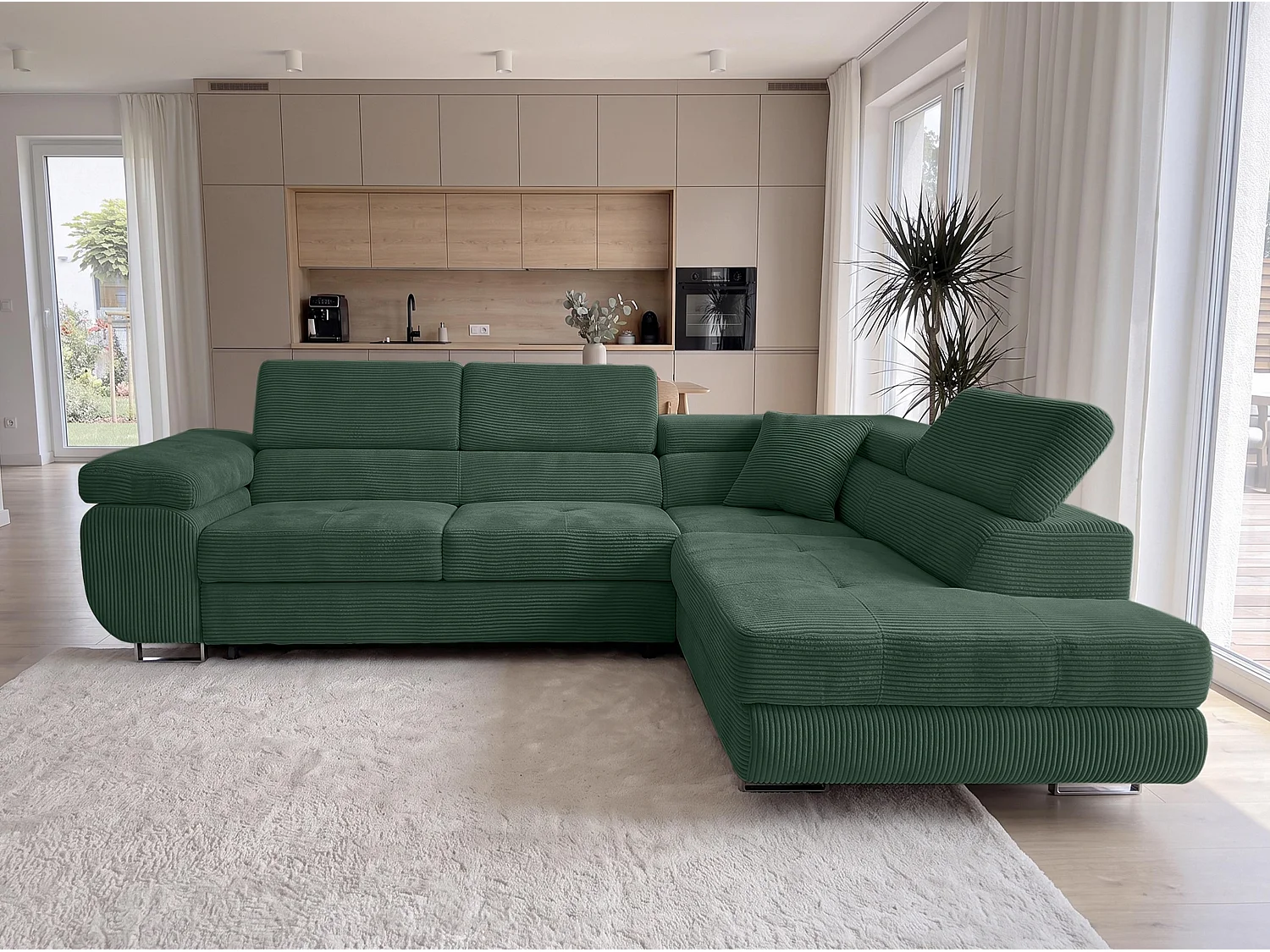 AX LIVING Konak hoekbank met slaapfunctie rechts van ribfluweel in flessengroen, 276 cm breed, opbergruimte en hoofdsteunen