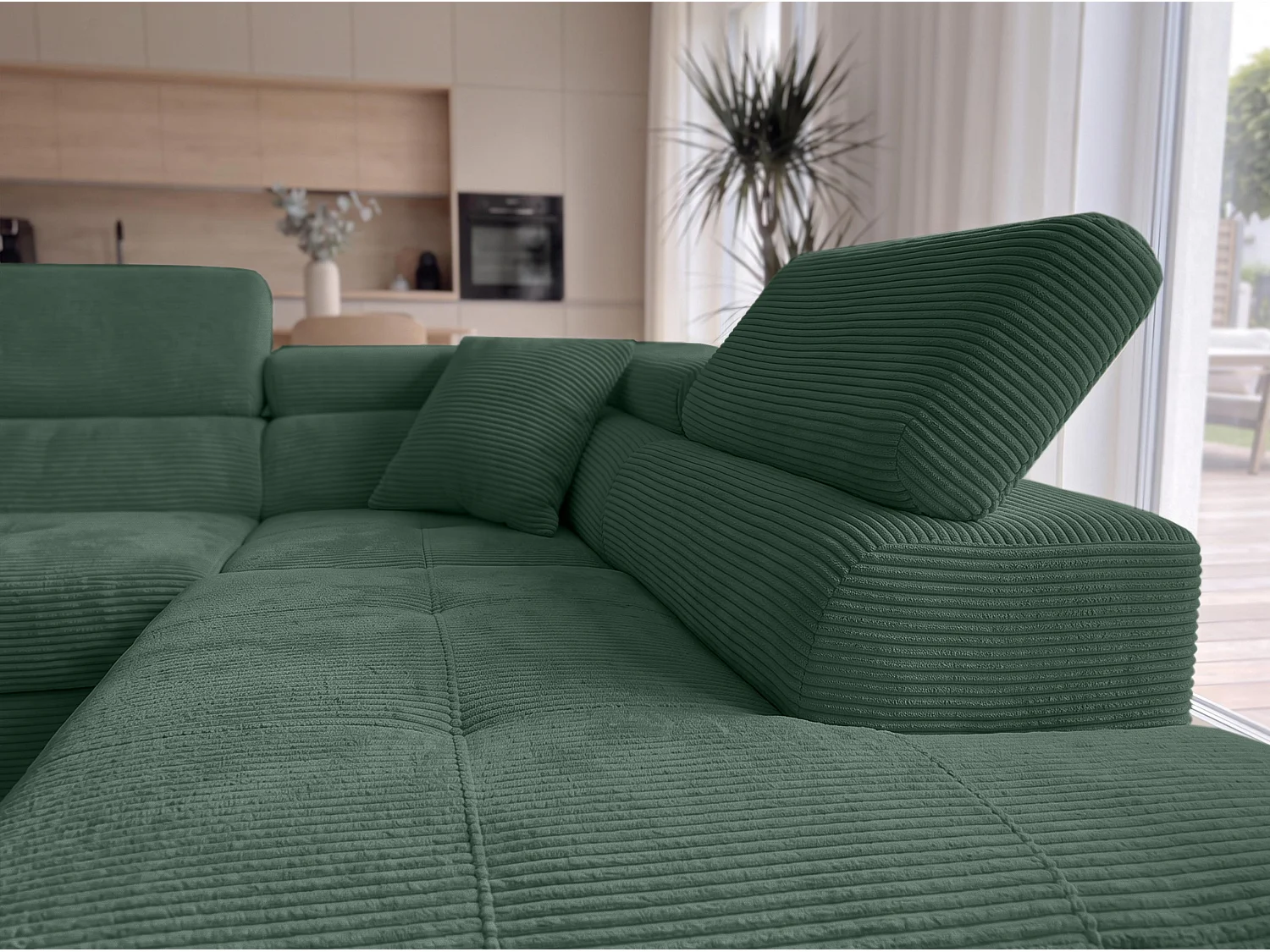 AX LIVING Konak hoekbank met slaapfunctie rechts van ribfluweel in flessengroen, 276 cm breed, opbergruimte en hoofdsteunen