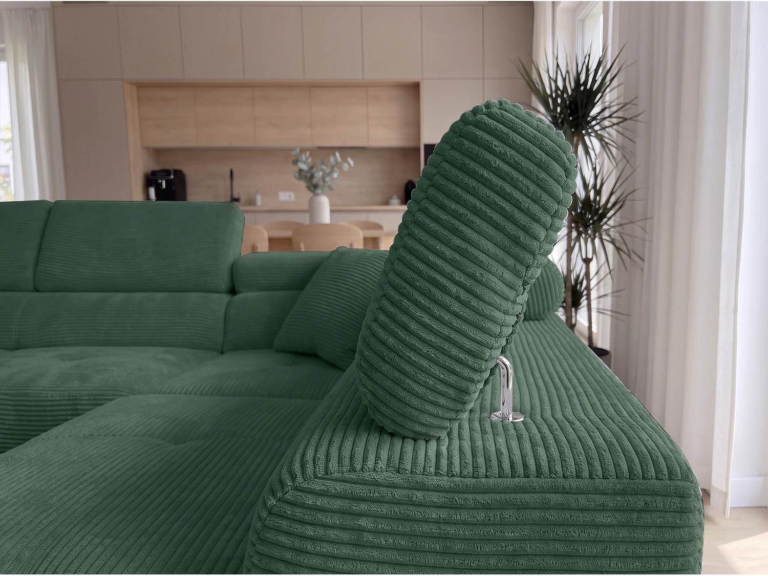 AX LIVING Konak hoekbank met slaapfunctie rechts van ribfluweel in flessengroen, 276 cm breed, opbergruimte en hoofdsteunen