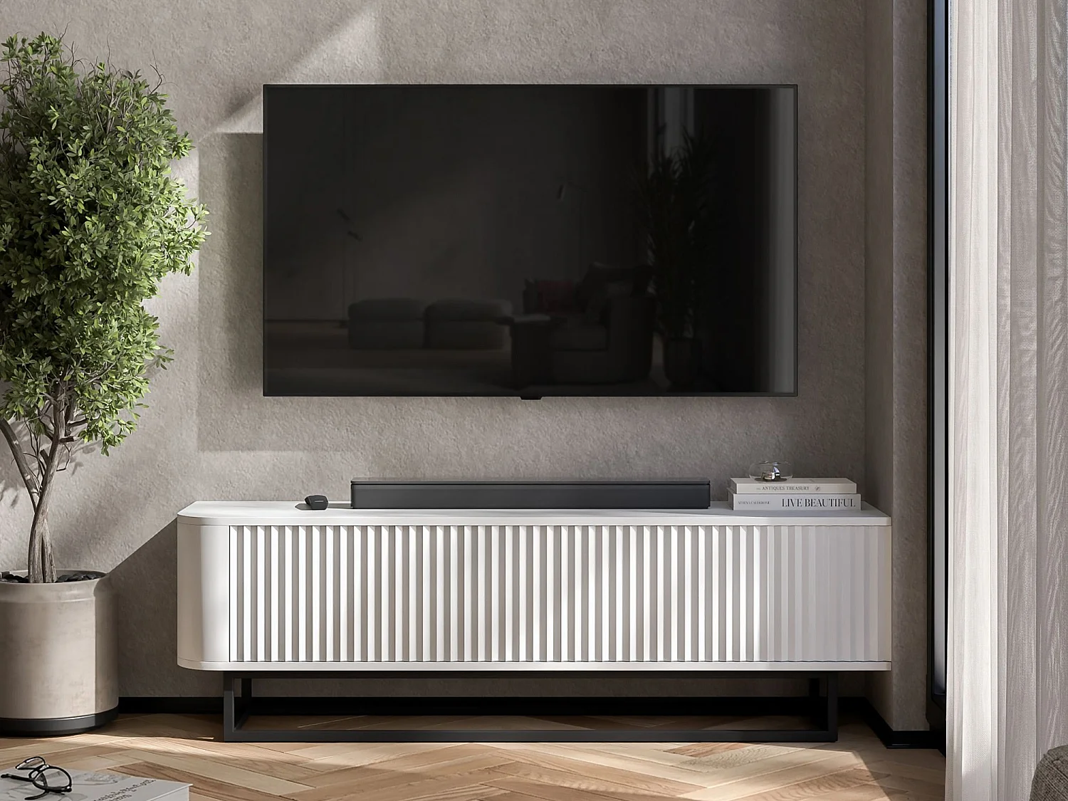 Mueble de TV con 2 puertas, frentes en relieve, blanco mate, patas de metal negro, 140 cm - AURORA