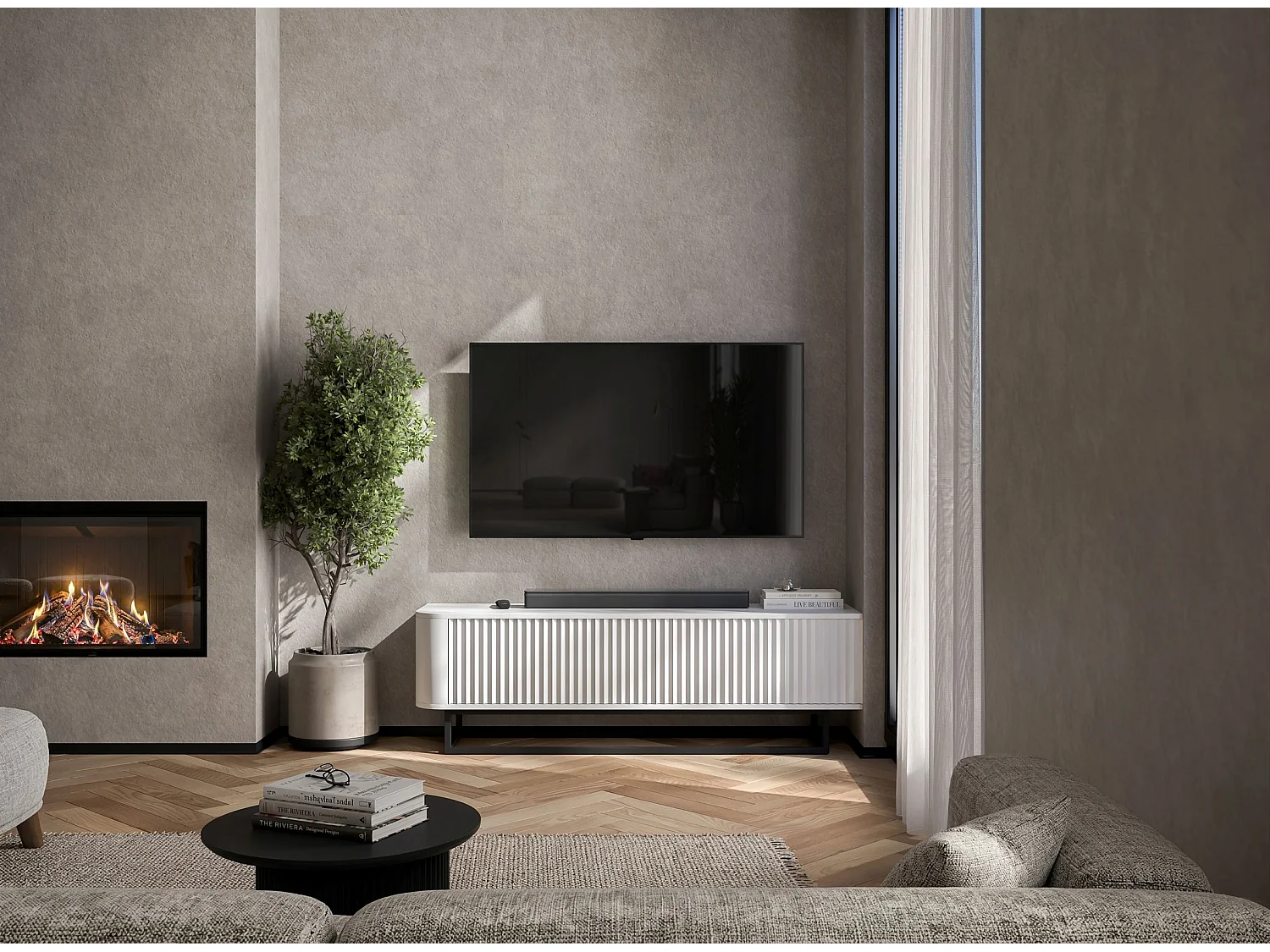 Mueble de TV con 2 puertas, frentes en relieve, blanco mate, patas de metal negro, 140 cm - AURORA