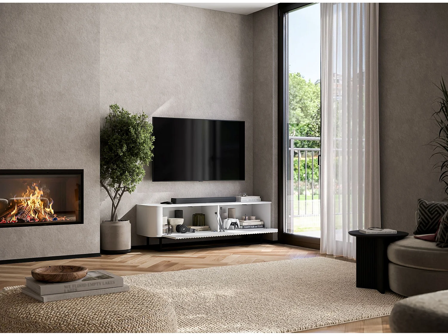 Mueble de TV con 2 puertas, frentes en relieve, blanco mate, patas de metal negro, 140 cm - AURORA