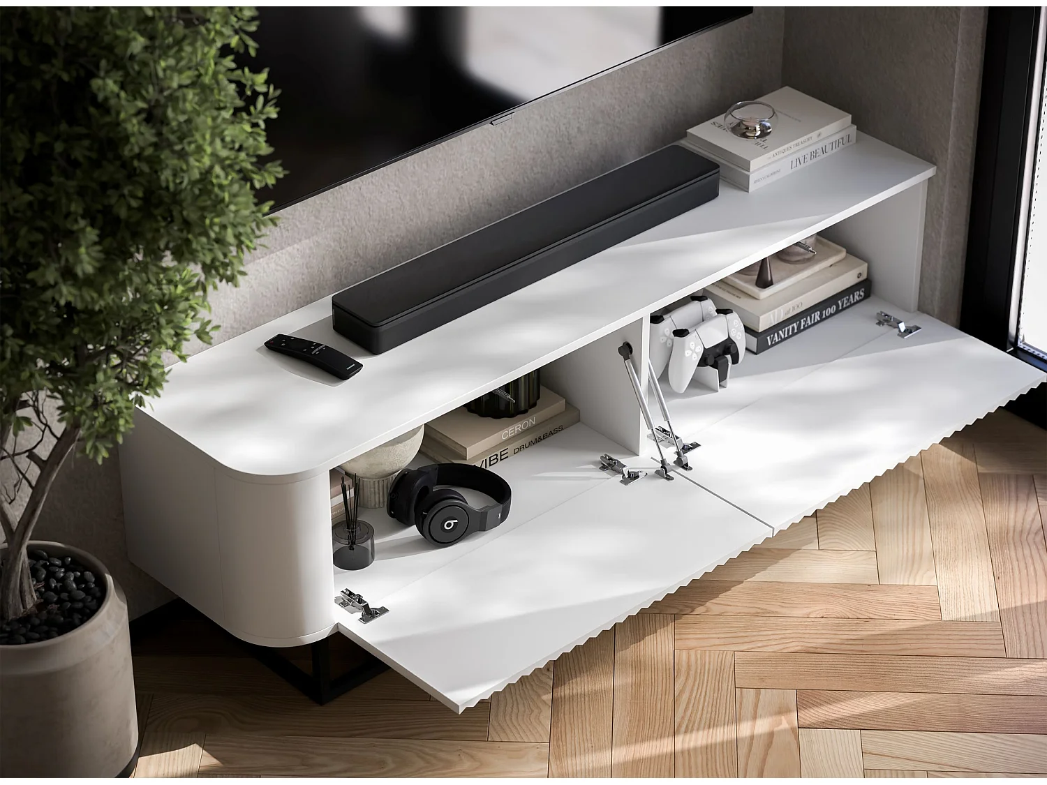 Mueble de TV con 2 puertas, frentes en relieve, blanco mate, patas de metal negro, 140 cm - AURORA