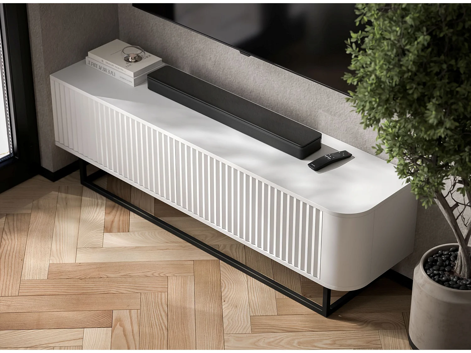 Mueble de TV con 2 puertas, frentes en relieve, blanco mate, patas de metal negro, 140 cm - AURORA