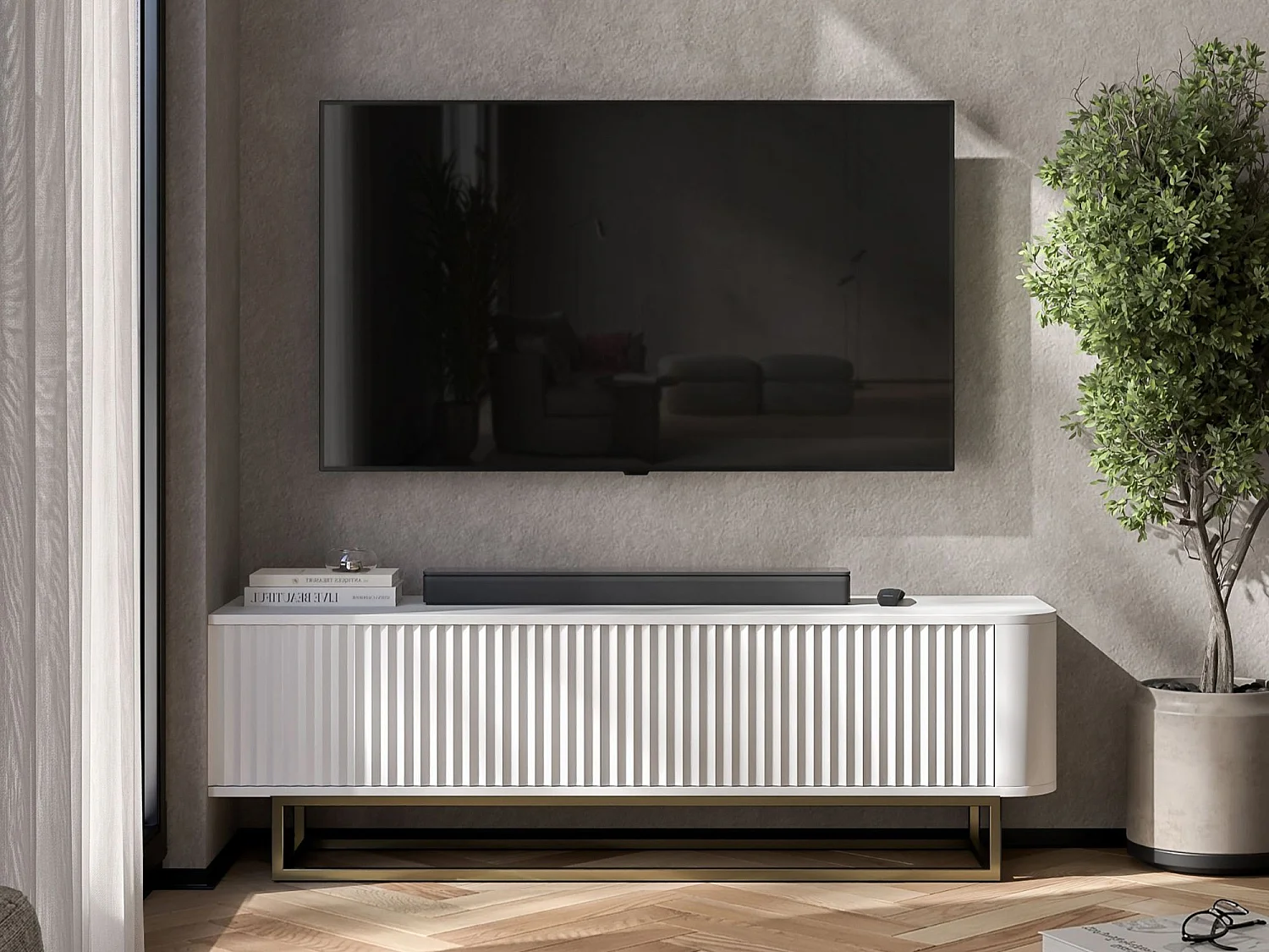 Mueble de TV con 2 puertas, frentes en relieve, blanco mate, patas de metal dorado, 140 cm - AURORA