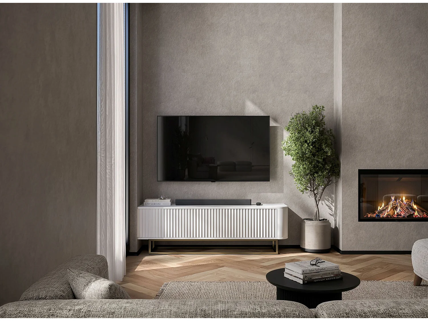 Mueble de TV con 2 puertas, frentes en relieve, blanco mate, patas de metal dorado, 140 cm - AURORA