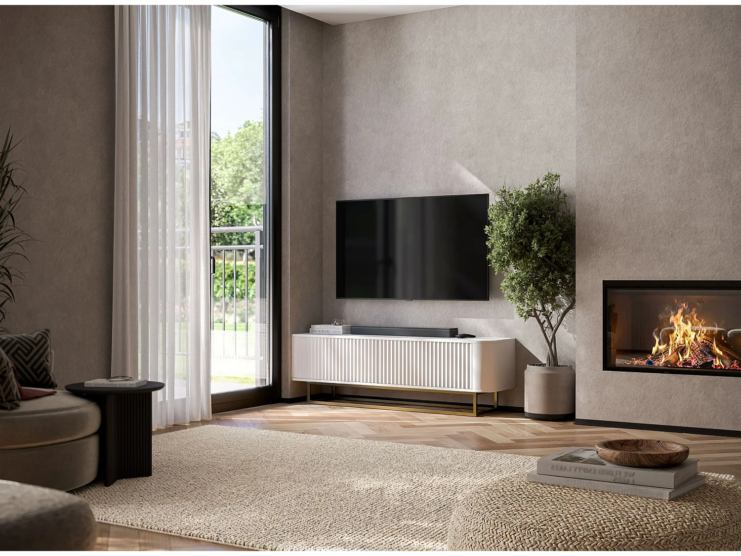 Mueble de TV con 2 puertas, frentes en relieve, blanco mate, patas de metal dorado, 140 cm - AURORA