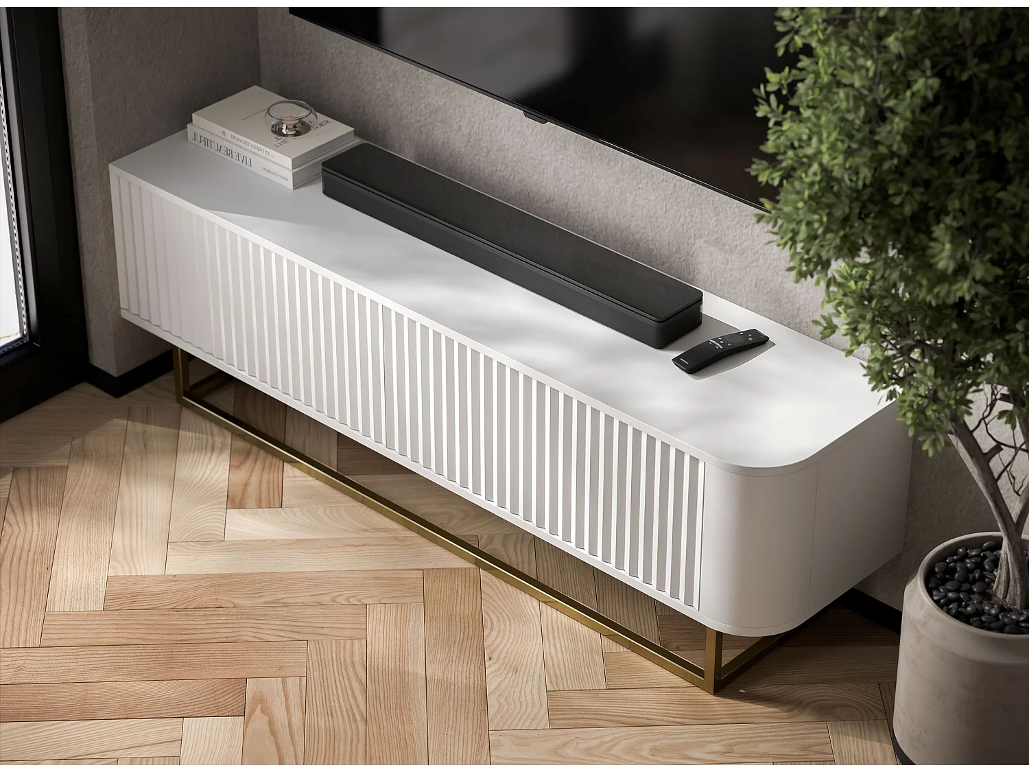 Mueble de TV con 2 puertas, frentes en relieve, blanco mate, patas de metal dorado, 140 cm - AURORA