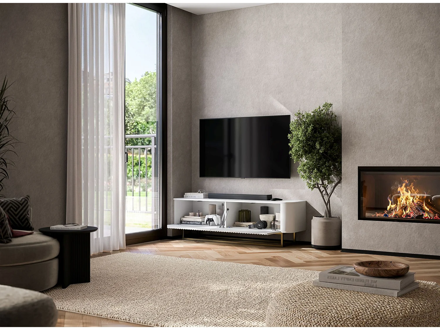 Mueble de TV con 2 puertas, frentes en relieve, blanco mate, patas de metal dorado, 140 cm - AURORA