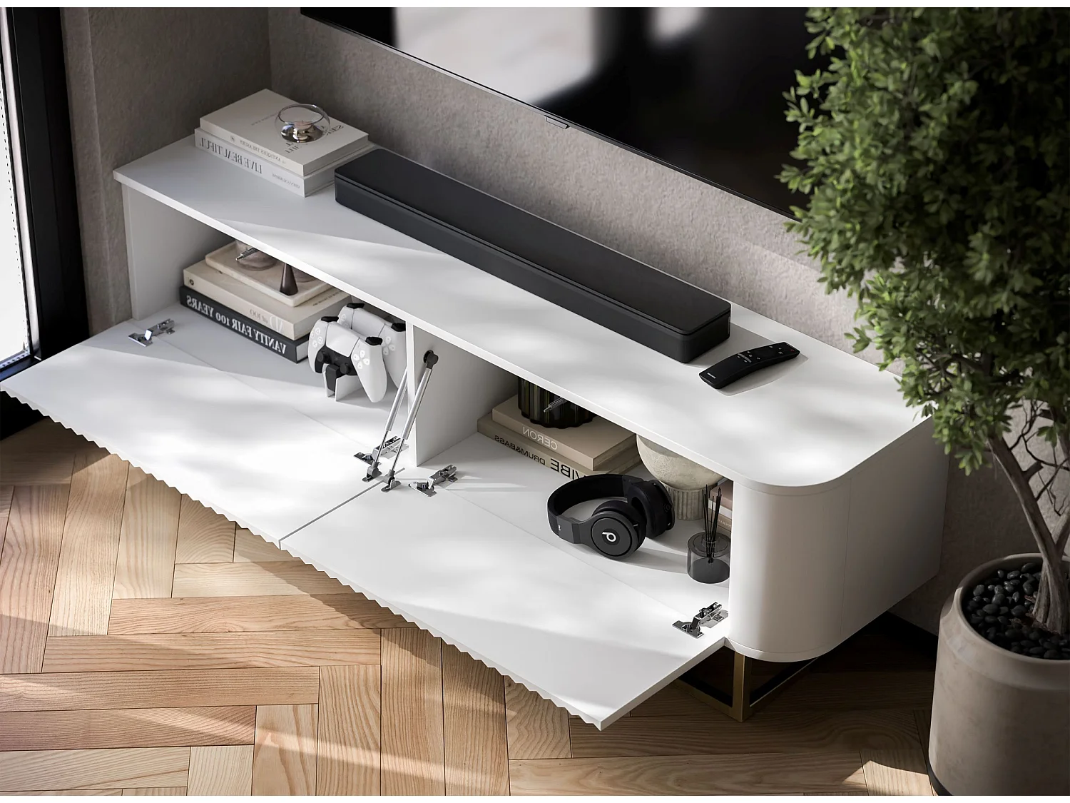 Mueble de TV con 2 puertas, frentes en relieve, blanco mate, patas de metal dorado, 140 cm - AURORA