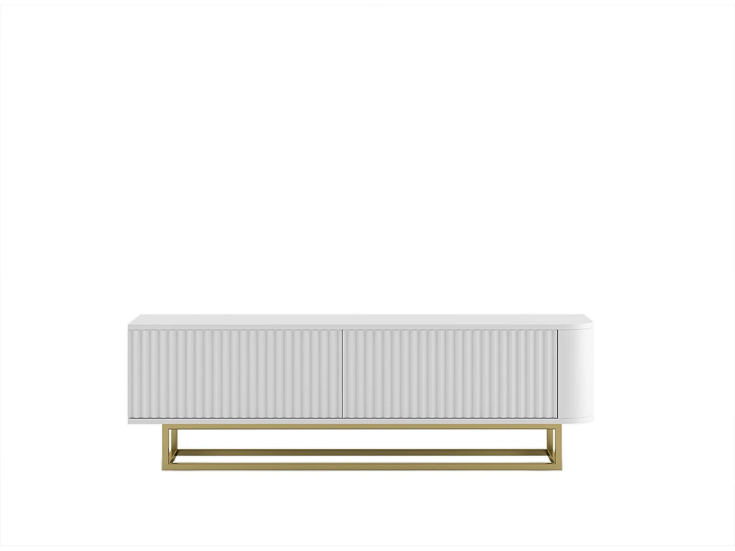 Mueble de TV con 2 puertas, frentes en relieve, blanco mate, patas de metal dorado, 140 cm - AURORA