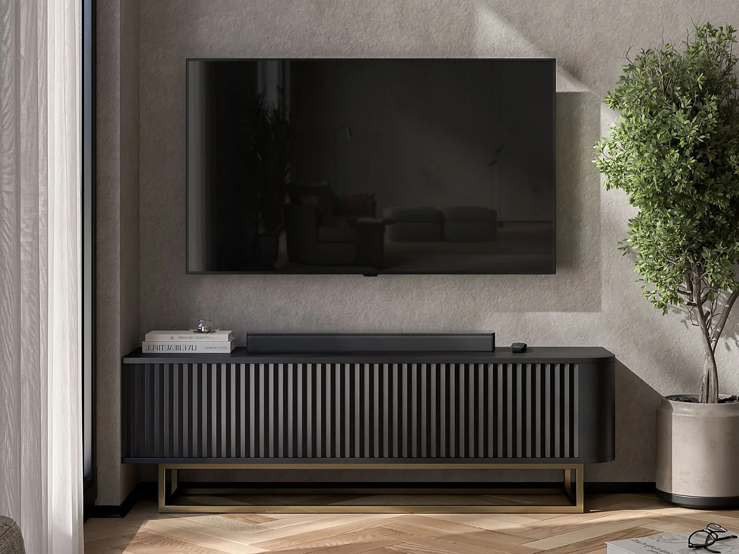 Szafka RTV 2-drzwiowa, ryflowane fronty, matowa czerń, złota metalowa rama, 140 cm - AURORA