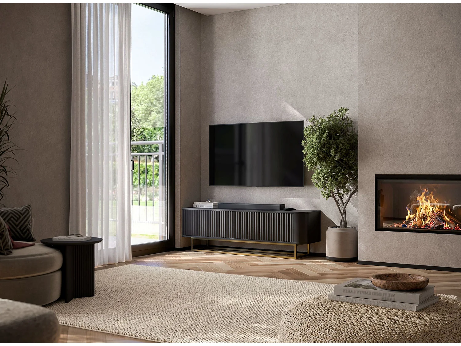 Szafka RTV 2-drzwiowa, ryflowane fronty, matowa czerń, złota metalowa rama, 140 cm - AURORA