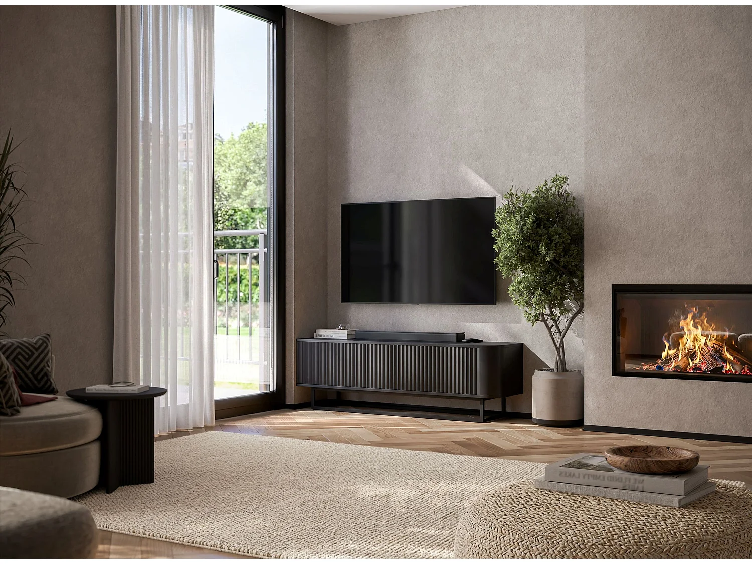 Szafka RTV 2-drzwiowa, ryflowane fronty, matowa czerń, czarna metalowa rama, 140 cm - AURORA