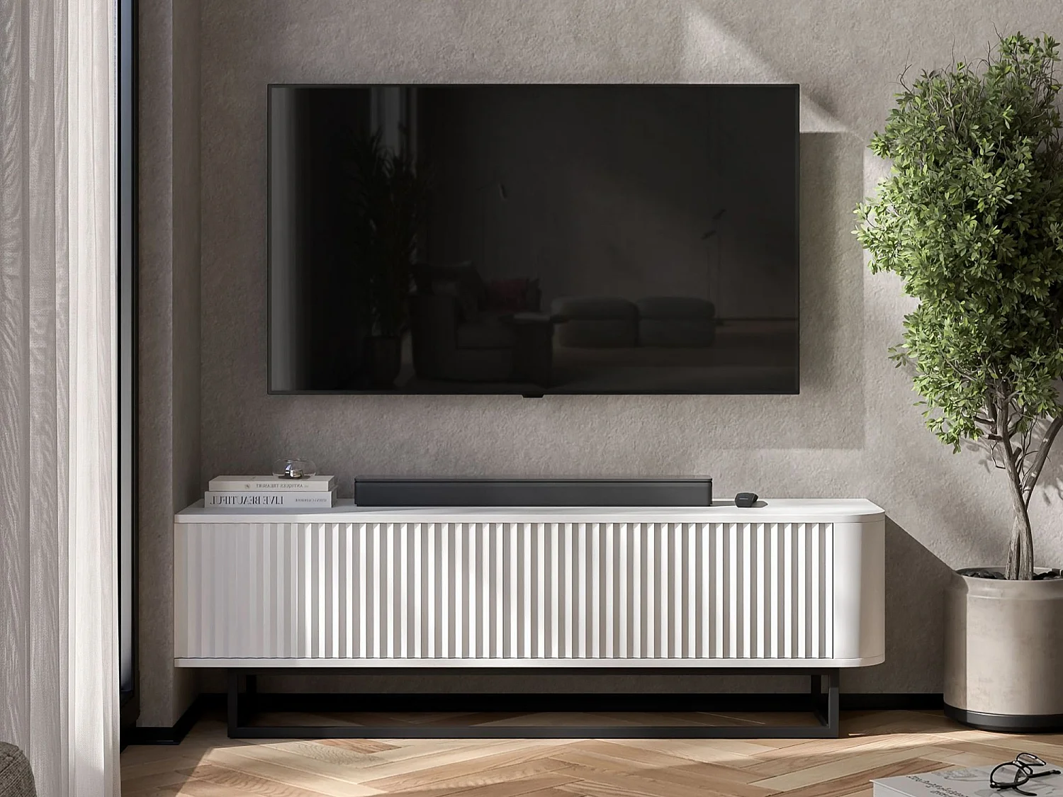 Mueble de TV con 2 puertas, frentes en relieve, blanco mate, patas de metal negro, 140 cm - AURORA