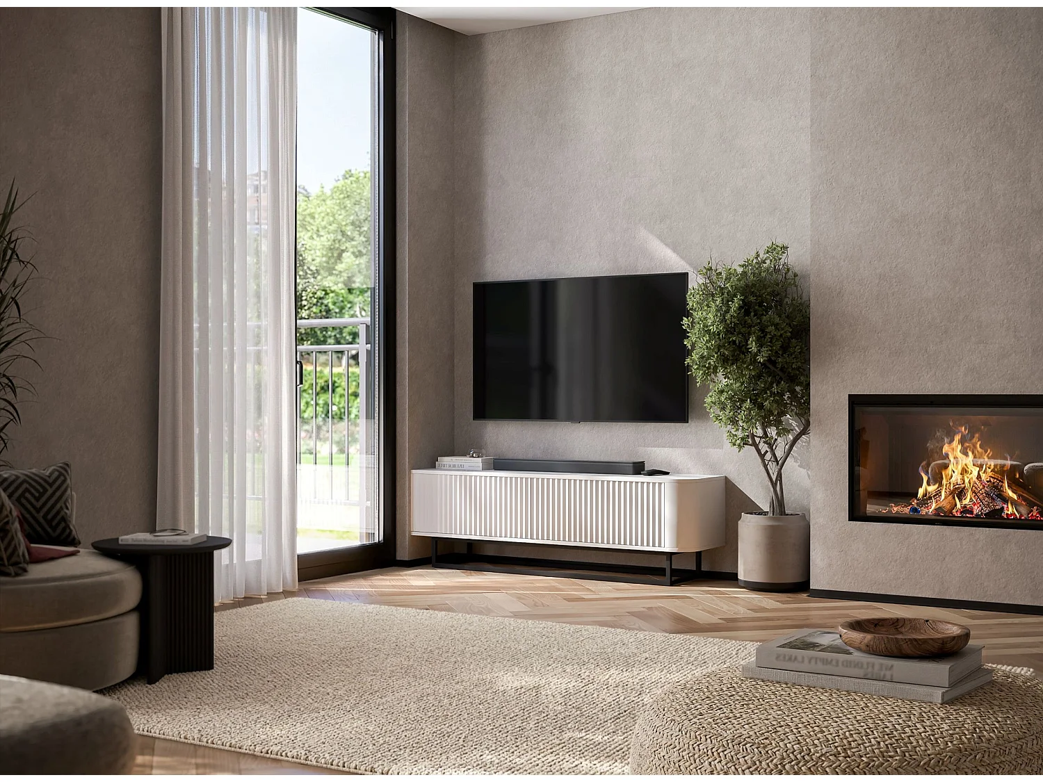 Mueble de TV con 2 puertas, frentes en relieve, blanco mate, patas de metal negro, 140 cm - AURORA