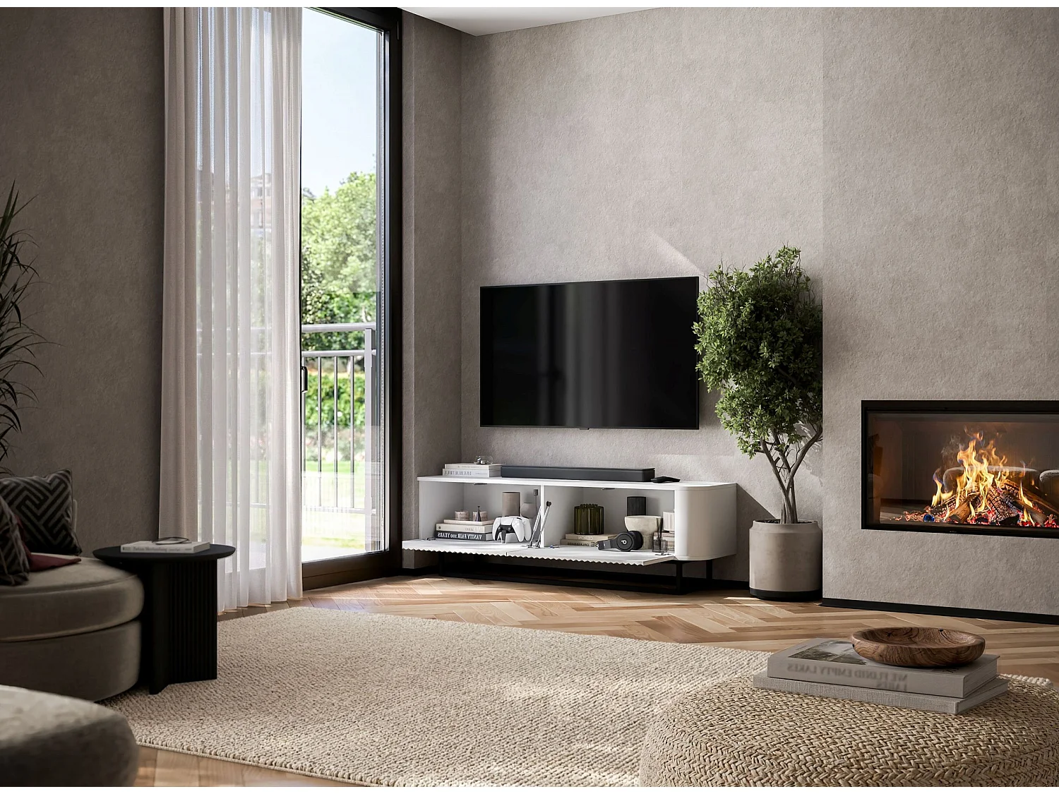 Mueble de TV con 2 puertas, frentes en relieve, blanco mate, patas de metal negro, 140 cm - AURORA