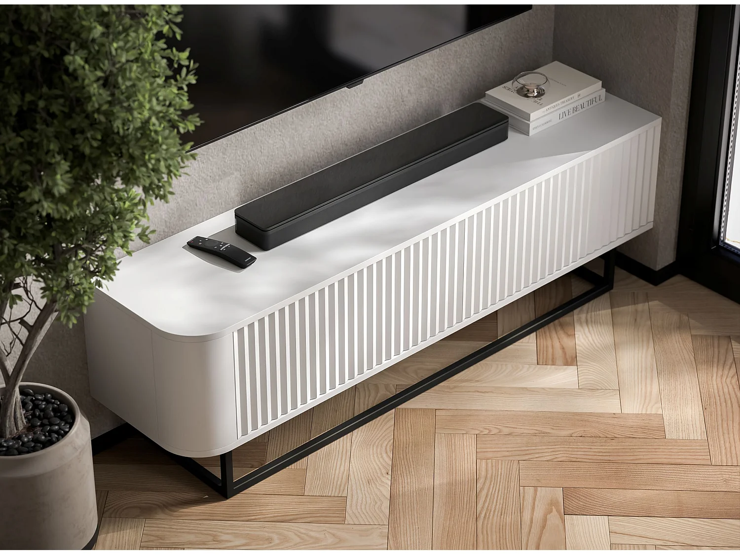 Mueble de TV con 2 puertas, frentes en relieve, blanco mate, patas de metal negro, 140 cm - AURORA