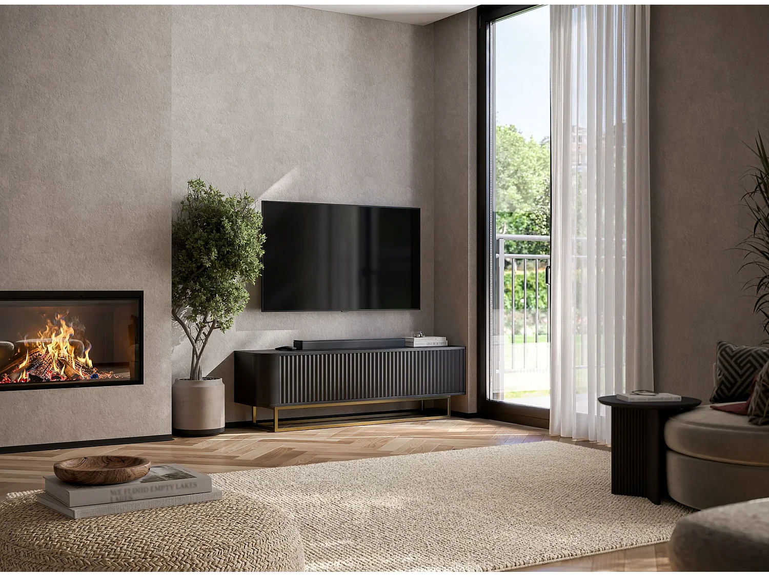 Szafka RTV 2-drzwiowa, ryflowane fronty, matowa czerń, złota metalowa rama, 140 cm - AURORA
